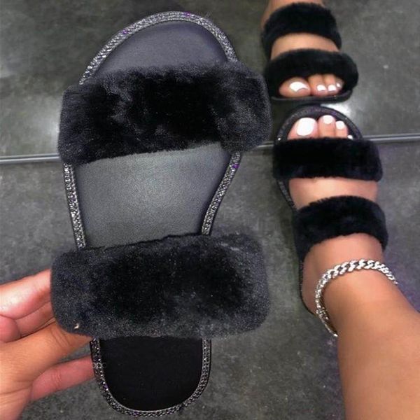 

female winter furry slippers soft warm flats rubber sole non slip home slides casual ladies women shoes, Black