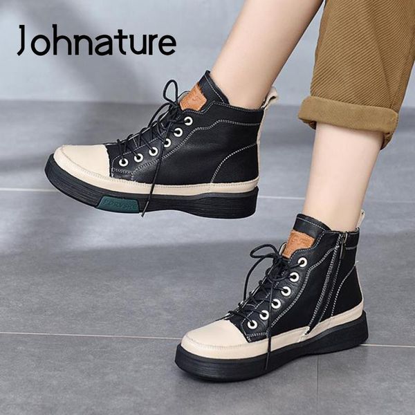 

boots johnature 2021 autumn winter shoes women genuine leather zip round toe flat with leisure handmade platform, Black