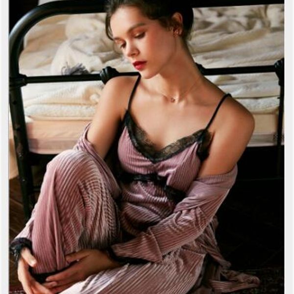 

women's sleepwear fdfklak sling lace sleepwear women pajamas set gold velvet warm nightwear pyjamas female autumn winter ladies pijamas, Black;red