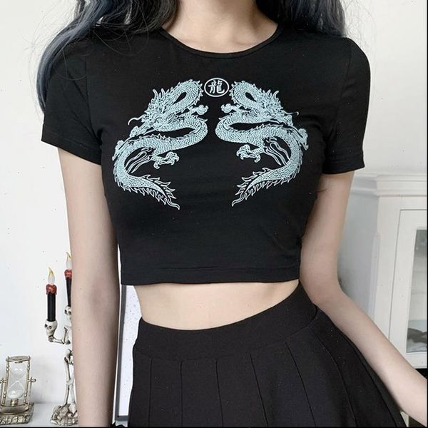 

womens streetwear black crop t shirt harajuku dragon print summer slim loose casual women mini short, White