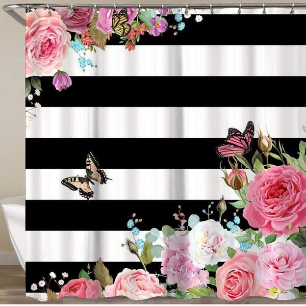 

shower curtain,black white stripes floral flowers,polyester fabric waterproof bath curtains hooks included - 72 x 72 inches