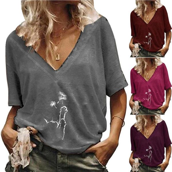 

women's t-shirt women short sleeve v neck floral summer ladies casual tunic blouse top, White