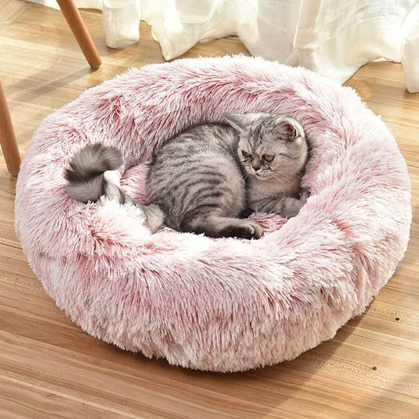 Long Plush Fluffy Pet Dog Bed Claming Beds Donut Round Cat Bench Soft Warm Chihuahua Kennel Large Mat Supplies 211009