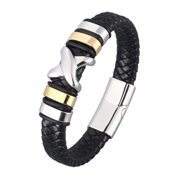 

men leather bracelet steel magnetic button charm punk style design birthday gift bb0965 bracelets, Golden;silver