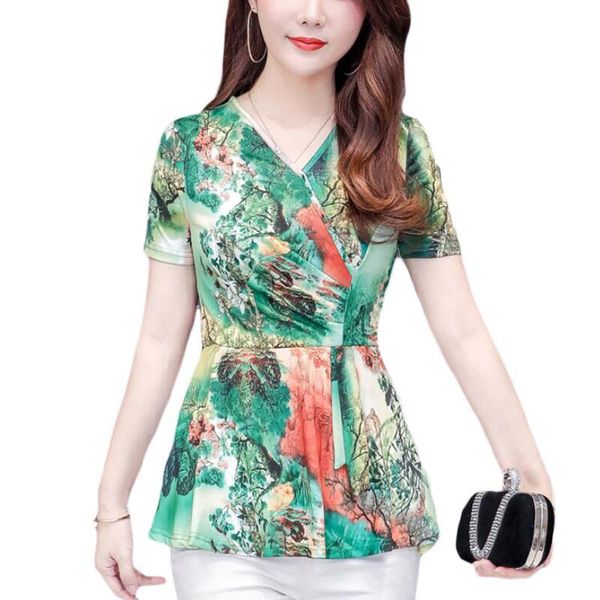 

summer blouse women shirts short sleeve v-neck korean fashion print blouses plus size office work womens blusas mujer women's &, White