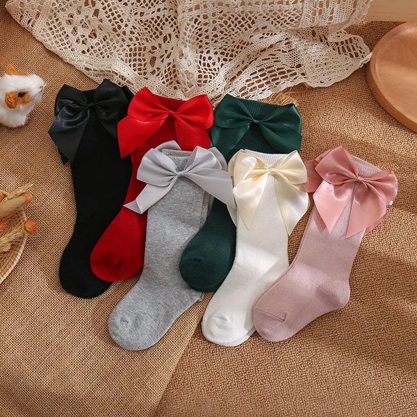 

socks baby toddler girls knee high solid color bowknot anti-slip cute wild cotton long stockings, Pink;yellow