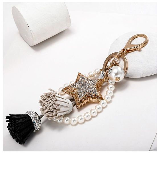 

keychains creative crystal bead bow keychain star pendant key ring five-pointed chain pentagram keyring fashion jewelry wholesale, Silver