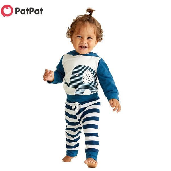 İlkbahar ve Sonbahar Erkek Bebek Çizgili Fil Hoodie Pantolon 0-1y Giyim Setleri için Set 210528