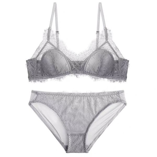 

bra set women's french underwear thin eyelash lace triangle cup rimless 8656, Red;black