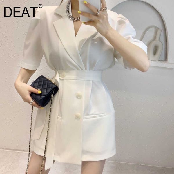 

[deat] summer fashion turn-down collar high waist half sashes sleeve solid color temperament dress women 13q171 210527, Black;gray