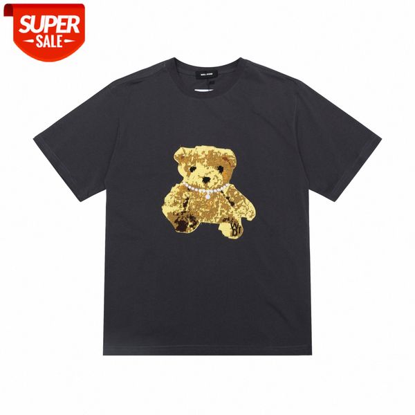 

spring and summer we11 three-dimensional embroidery bear round neck pullover men women same paragraph short-sleeved batch #qh50, White;black