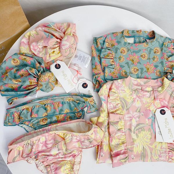 

summer lm brand kids swimwear sets for girls flower print swimsuits baby child cute 3pcs outfits beach clothes one-pieces, Black