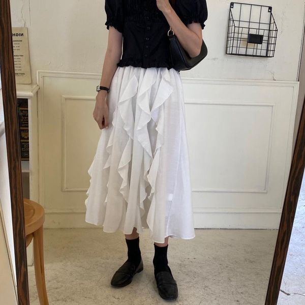 

skirts white ruffles a-line loose elegance feminine solid brief all match elastic waist ol streetwear chic skirts rrvy, Black