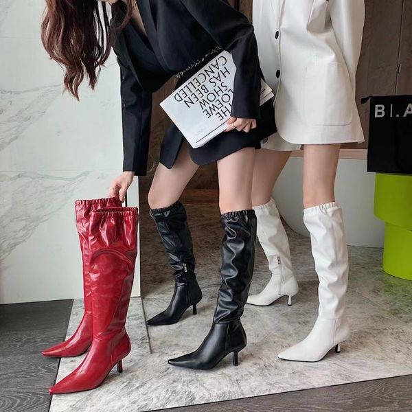 

boots fashion pointed toe women knee knight booties black/white/red side zipper thin high heels autumn/winter size 35-39