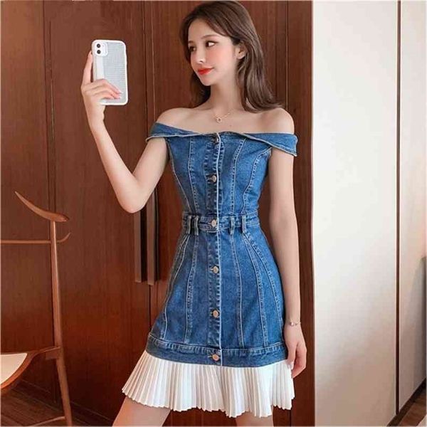 Sommer Sexy Off Schulter Ärmelloses Denim Kleid Einreiher Chiffon Patchwork Plissee Frauen Blau Jean 210603