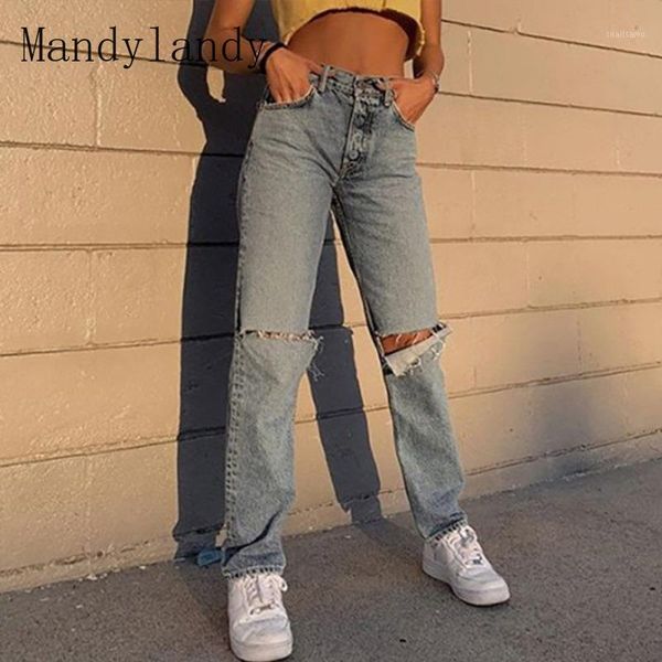 

women's jeans mandylandy vintage mid waist straight mom streetwear ripped hole distressed denim pants women casual trousers, Blue