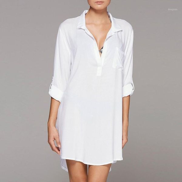 

wholesale loose long blouse women solid v-neck sleeve chiffon shirt casual plus size white and