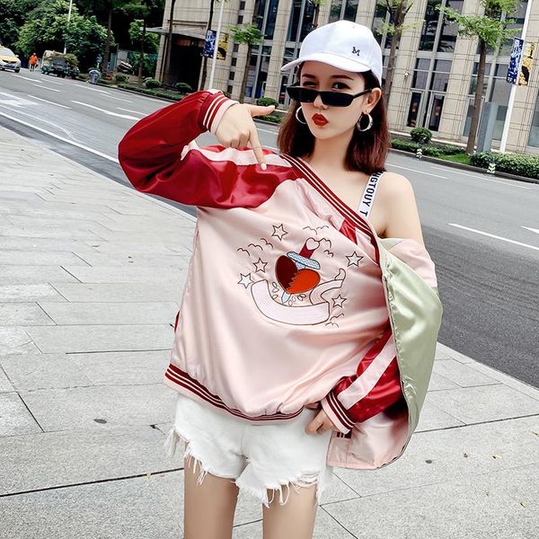 

women's jackets harajuku yokosuka embroidery reversible bombers coat satin baseball jacket zipper retro heart embroidered couples fligh, Black;brown