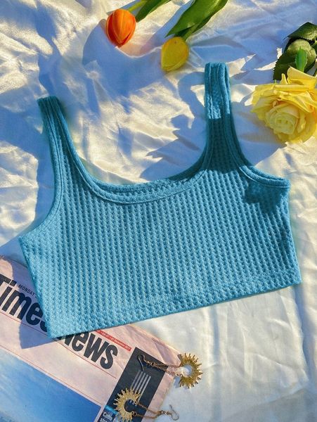 

crop waffle knit tank b94b#, White