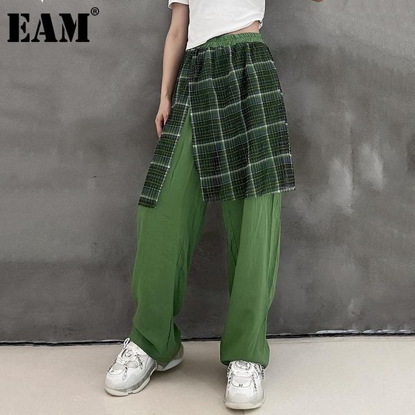

women's pants & capris [eam] high elastic waist green plaid long wide leg trousers loose fit women fashion tide spring summer 2021 1de1, Black;white