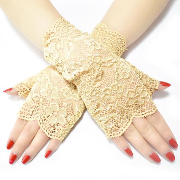 

bridal gloves beige women's short lace fingerless for driving wedding wrist length prom sunblock floral party, White