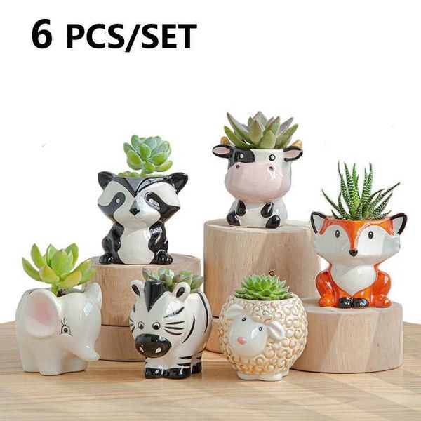 6 teile / satz Nordische Keramik Cartoon Tier Mini Blumentopf Home Decor Sukkulenten Pflanzen Bonsai Pflanze Vase Pot Dekoration Zubehör 210615