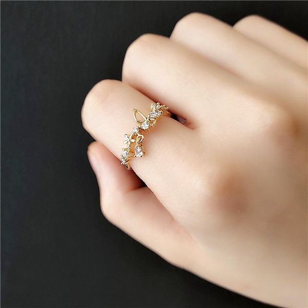 

cluster rings 2021 trendy metal sweet hollow crystal butterfly adjustable contracted opening flowers for women shiny, Golden;silver