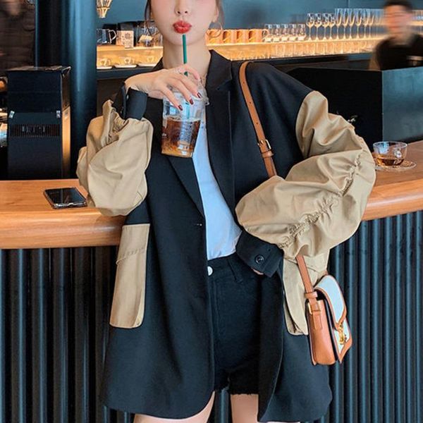 

women's suits & blazers [ewq] korea chic casual trend women lapel contrast color stitching loose fashion pocket long-sleeved blazer aut, White;black