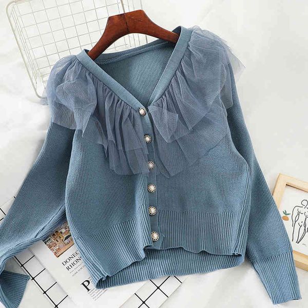 

autumn winter brown/blue sweater casual v-neck long sleeve knitted cardigans for women fashion mesh patchwork shirts 210426, White;black