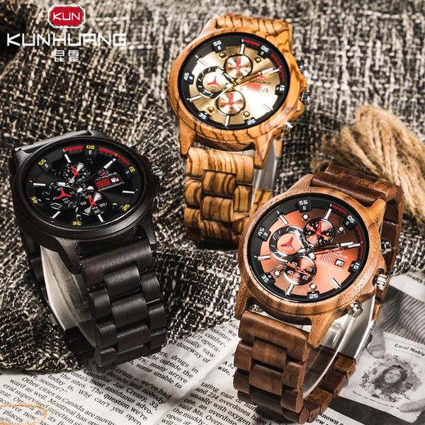 

wristwatches wooden wristwatch men timepieces chronograph wood watch military date calendar quartz watches in box, Slivery;brown