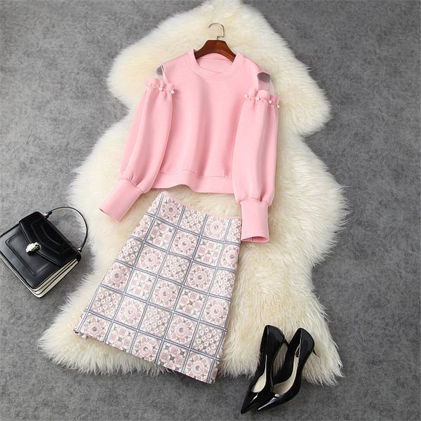 

high fashion fall beads cotton hoodies space and embroidery skirt woman's two pieces of clothing, Black