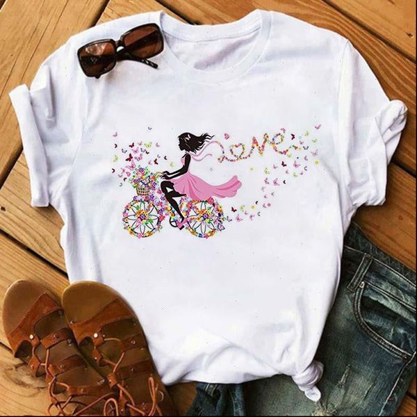 

fashion gilrs bicycle print casual womens cartoon femme plus size loose streetwear white o neck tee