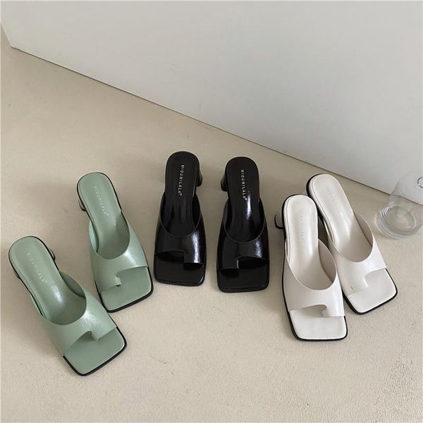 

slippers women's outer wear shoes mid heels slides runway peep toe one strap dress mules 2021 party nightclub women, Black