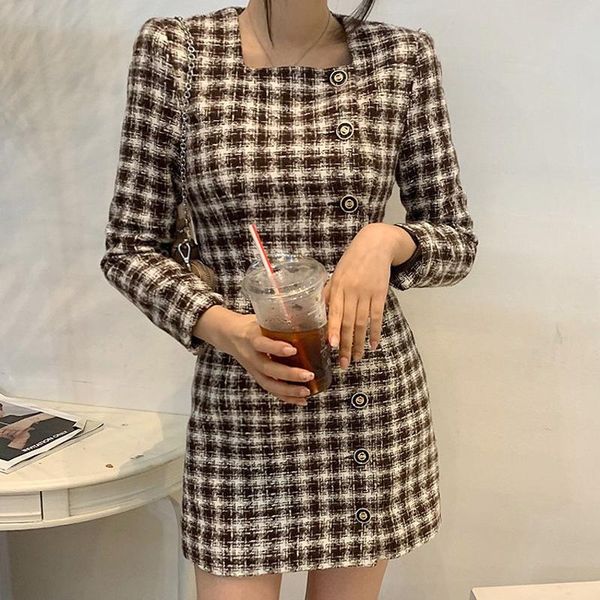 

casual dresses alien kitty 2021 women mini single breasted french plaid square collar elegant gentle retro female office lady vestidos, Black;gray