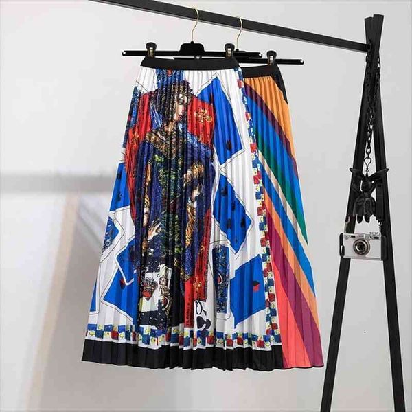 

summer fashion european brand womens skirts printed high waisted mid-calf cartoon pleated skirt girls party rok jupe rave, Black