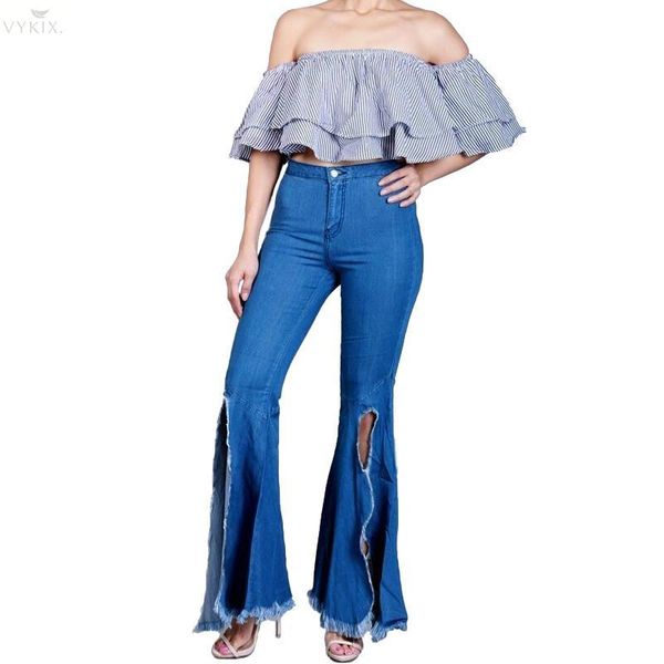 

women's jeans winter denim pants women retro open fork ripped flare trousers skinny casual high waist bottoms, Blue