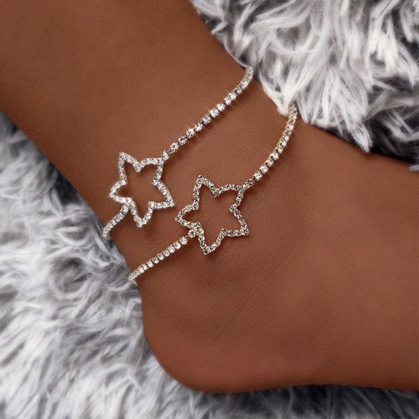

anklets fashion bling crystal tennis chain hollow star for women iced out rhinestone foot summer beach sandals jewelry, Red;blue