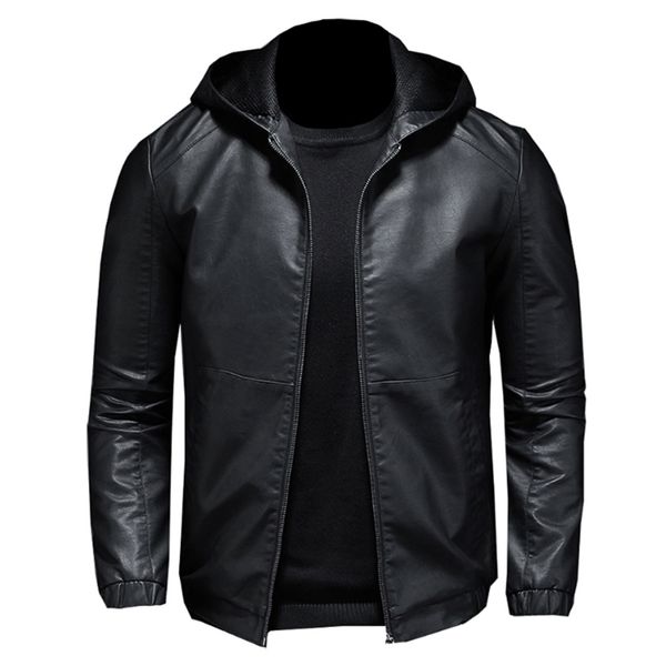 

faux leather jacket men's windproof slim large size hooded leather jacket casual black pu jacket m-5xl 211118