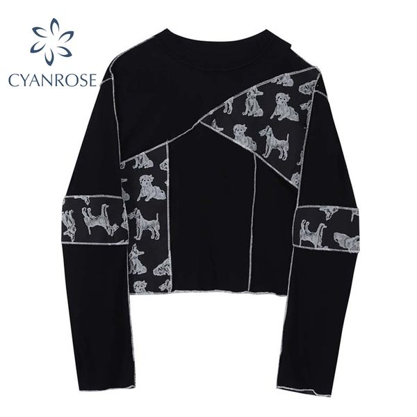 

women's spring streetwear spliced t shirt or fashion long sleeve black crop skinny jumper tees female harajuku pop 210417, White