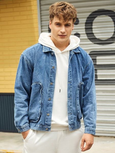 

men slant pocket denim jacket d04g#, Blue