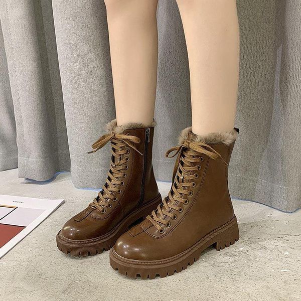 

boots europe women leather winter super warm fur lining lace up retro punk ankle riding boot fashion shoes, Black