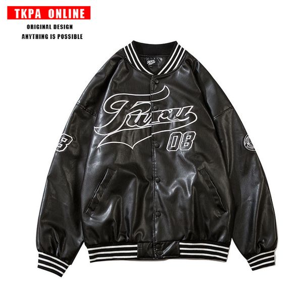 

tkpa2021 spring new leather embroidered baseball jacket men's wear american loose pilot coach jacket, Black;brown