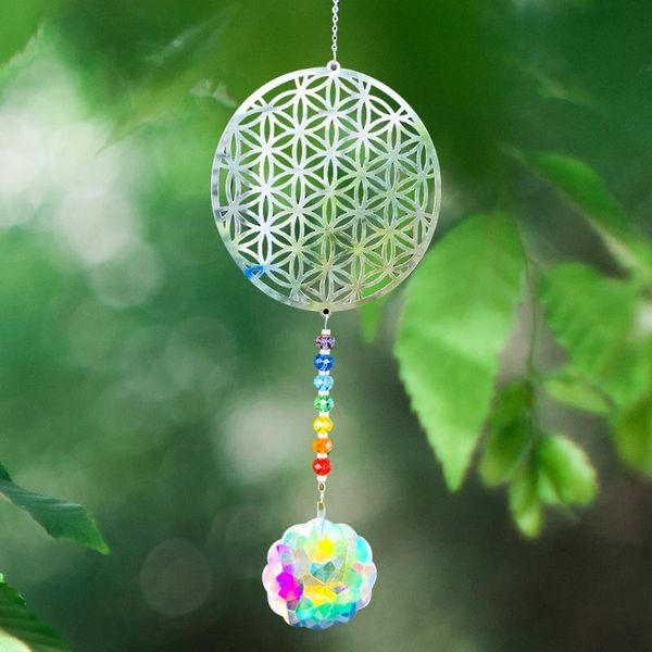 

decorative objects & figurines flower of life wind chime pendant fire polished ab color sun crystal prism aurora outdoor garden balcony baby