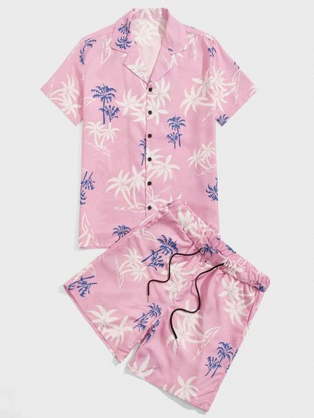 

men coconut tree print shirt & drawstring waist shorts 6370#, Gray