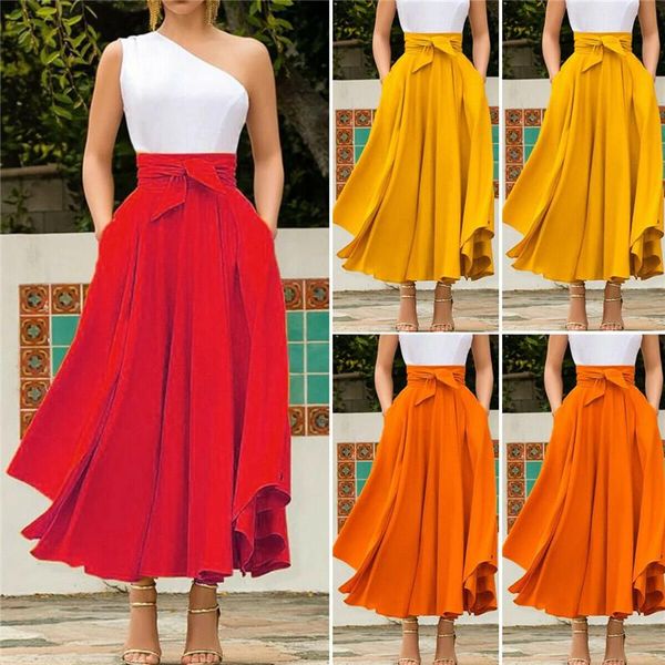 

skirts fashion women's maxi ladies solid bandage pleated long party cocktail high waist summer a line with pocket, Black