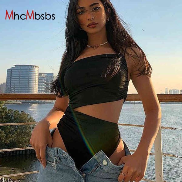 

mhcmbsbs women ruched black bodysuits hollow out halter sleeveless playsuit beachwear summer bodycon jumpsuits 210517, Black;white