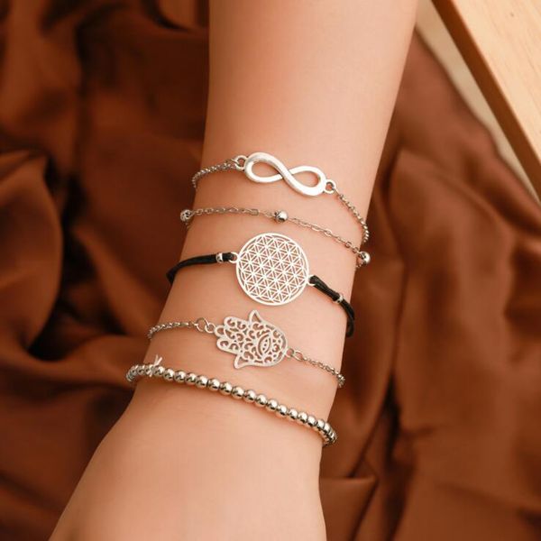 

charm bracelets geometric bracelet set women jewelry hollow metal pulseira feminina 5pcs/set, Golden;silver