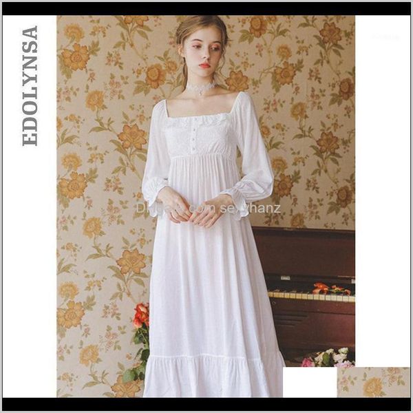 Womens Outono Sleepwear Retro White Algodão Nightgown Plus Size Mulheres Casa Desgaste Night Dress Senhoras Nightwear Lingerie T5371 MHJB GGQWF
