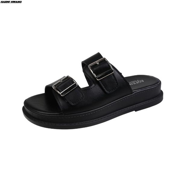 

slippers 2021 summer women jelly shoes woman female casual flat ladies metal buckle slides women'sopen toe beach footwear, Black