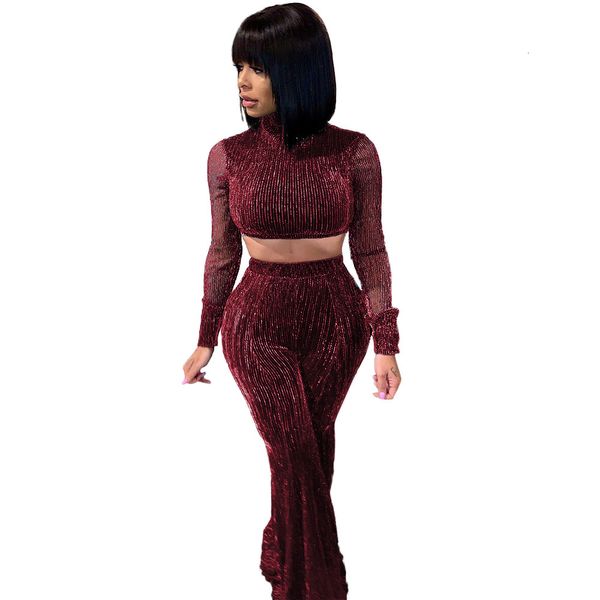 

sparkle mesh women two pieces suits real sample see through sleeves t shirt and long pants fashion party outfits nightclub, Gray